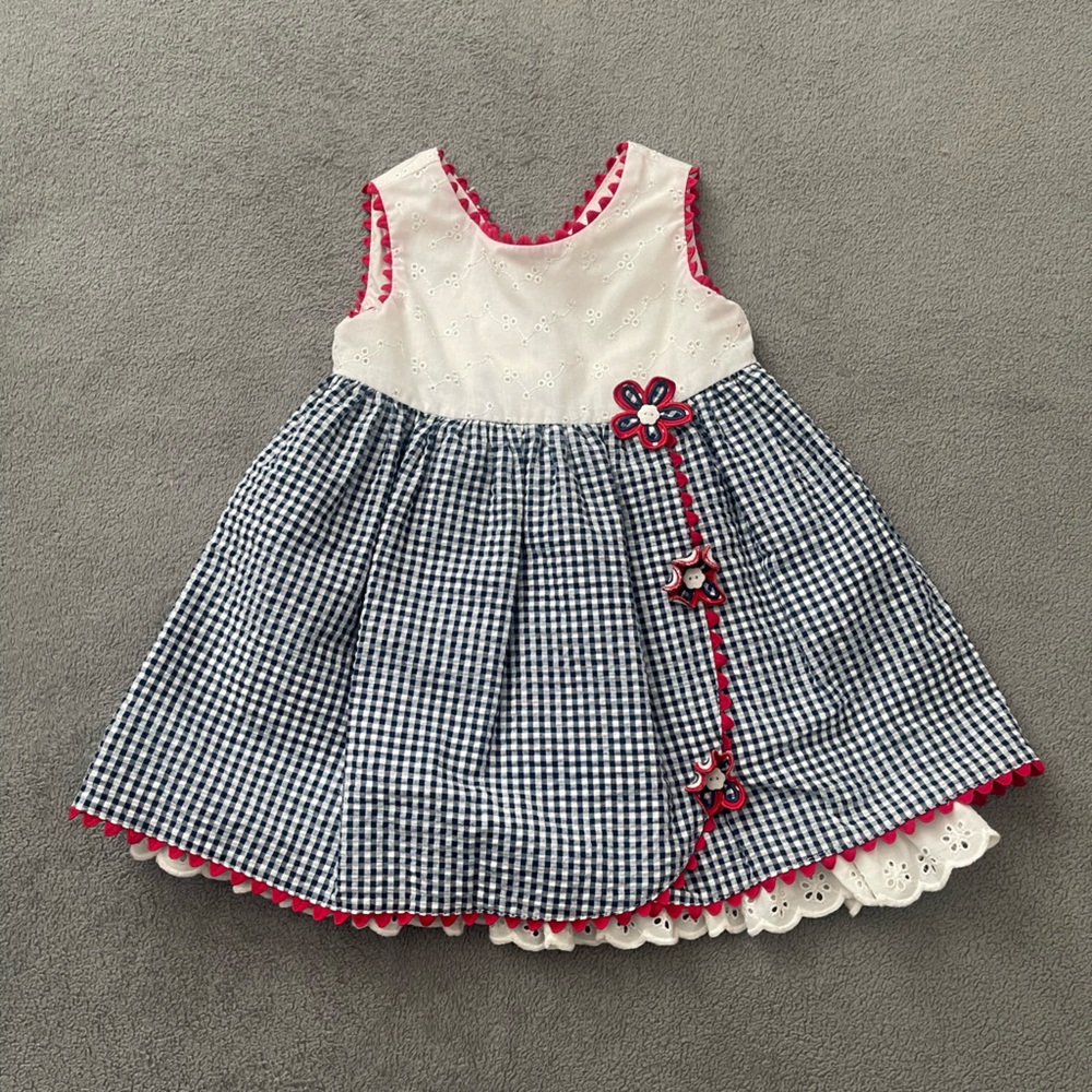 Bonnie Baby Navy Blue Gingham & White Eyelet Dress with Pink Trim